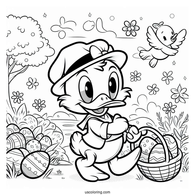 Easter Coloring Page Of Donald Duck As Easter Bunny Carrying Basket Of Eggs
