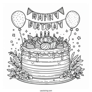 Cake With Happy Birthday Topper Coloring Sheet
