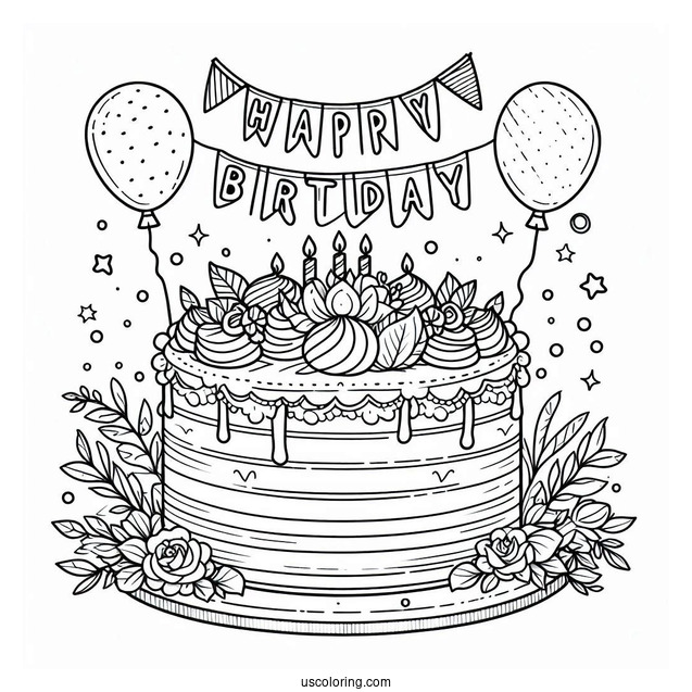 Cake With Happy Birthday Topper Coloring Sheet