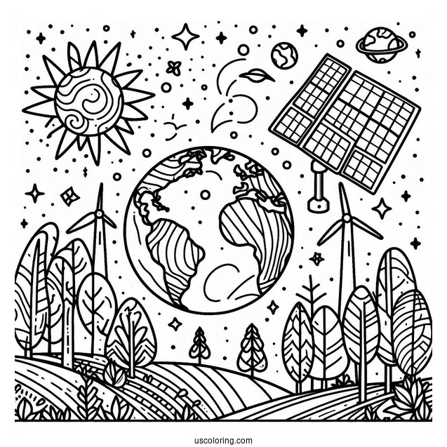 Earth Surrounded By Trees, Windmills, And Solar Panels