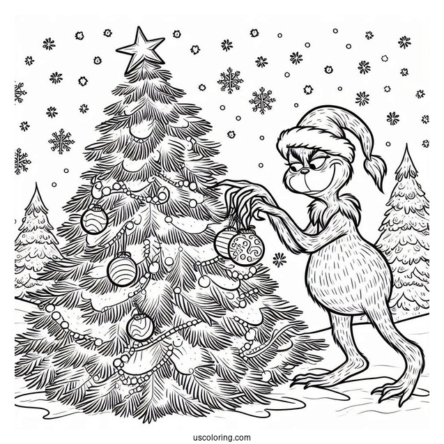 The Grinch Stealing a Christmas Tree Coloring Sheet