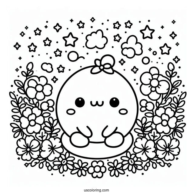 Cute Coloring Page Of Pompompurin Surrounded By Flowers And Stars