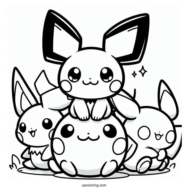 Kawaii Pichu And Pikachu On Top Of Raichu Coloring Page For Kids