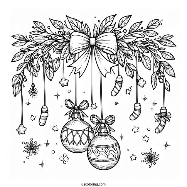 Bulbs Hanging From Mistletoes With Bows Christmas Ornaments Coloring Page
