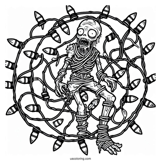Zombie Tangled In Christmas Lights To Color