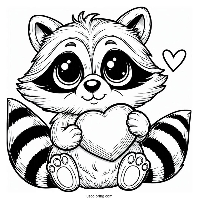 Cartoon Raccoon Coloring Page Holding A Love Heart