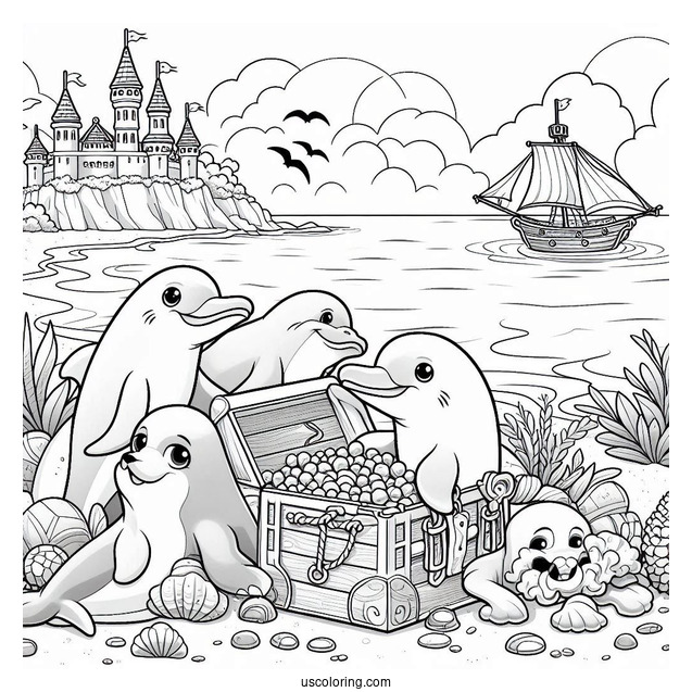 Palace Pets Coloring Page Of Treasure At The Beach With Dolphin And Seals For Kids