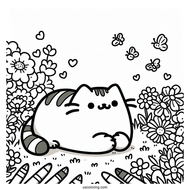 Pusheen Lying In Field With Flowers To Color