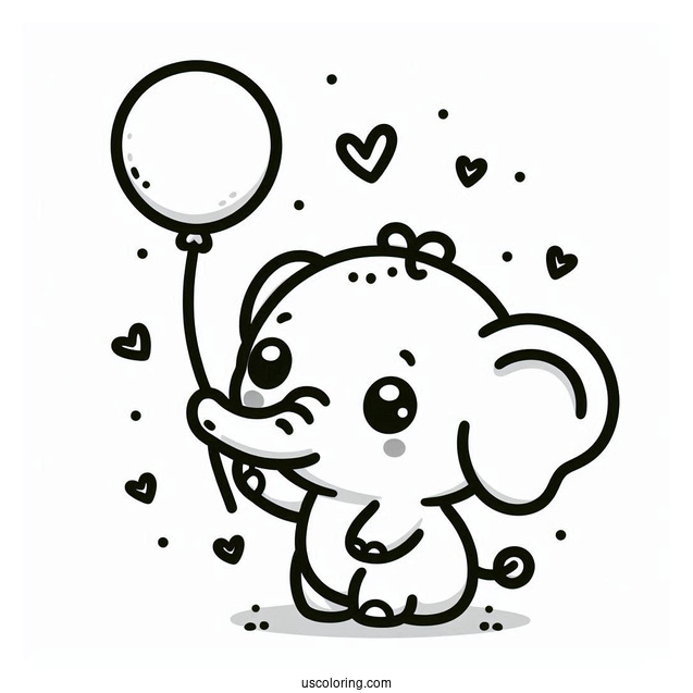 Kawaii Elephant Holding Balloon Coloring For Preschoolers