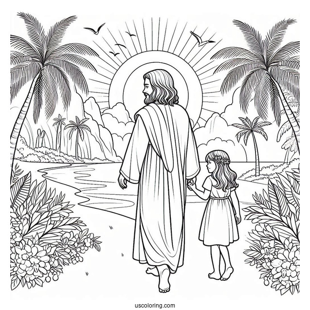 Jesus Coloring Page Walking With A Little Girl In Paradise
