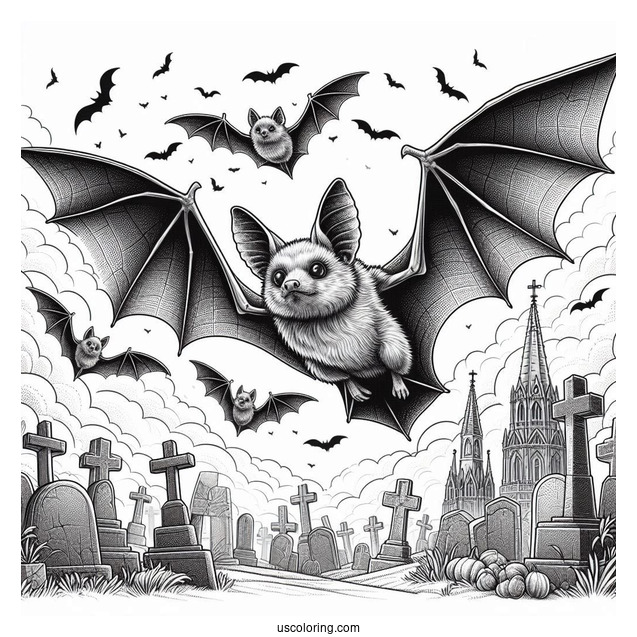 Realistic Bats Coloring Page Flying In Cemetery