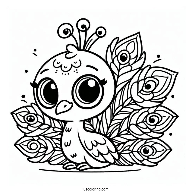 Easy Cartoon Peacock Coloring Page with Big Eyes and Simple Feathers For Kids