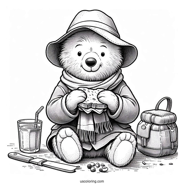 Paddington Coloring Page Eating A Sandwich With Winnie The Pooh