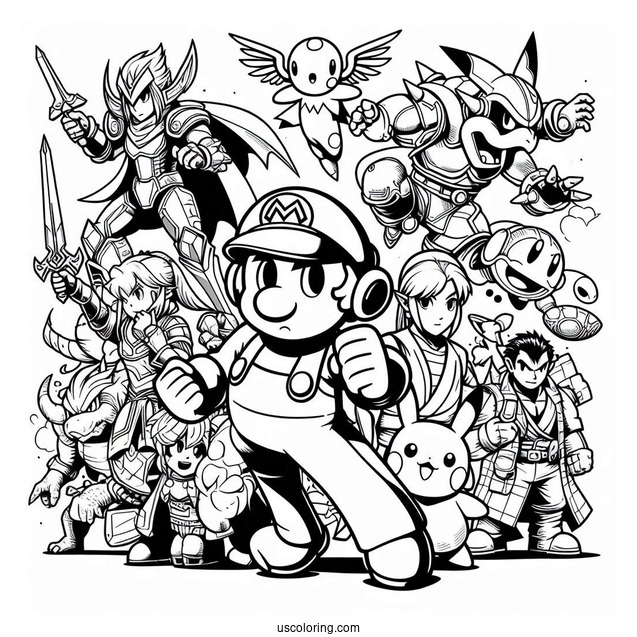 Super Smash Bros Coloring Page Of Mega Man, Dark Bowser, Zelda, Mario, Kid Icarus .Star Fox, Kirby, Donkey Kong, And Pikachu
