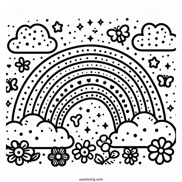Kawaii Polka Dot Rainbow Coloring Page With Clouds, Flowers, And Butterflies For Kids