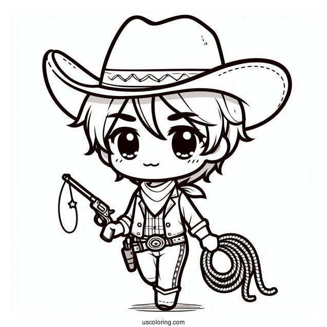 Cute Chibi Cowboy Coloring Page With A Lasso