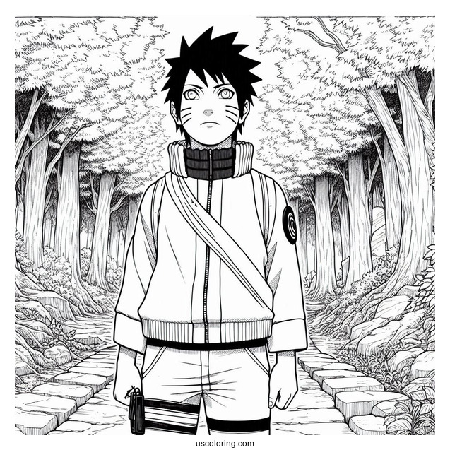 Naruto Coloring Page Of Hinata Hyuga Standing in Forest Path For Kids