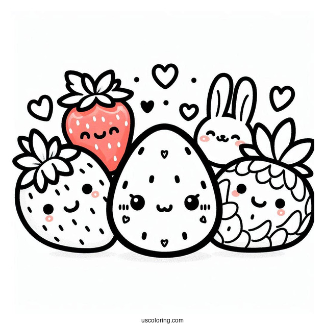 Kawaii Easter Egg Strawberry, Carrot, Bunnies, And Hearts Designs Coloring Sheet