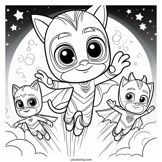 PJ Masks Coloring Page Of Catboy, Gekko, And Oweltte Flying In The Sky