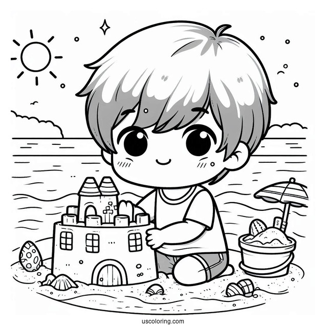 Playful Chibi Coloring Page Kid Building a Sandcastle on the Beach