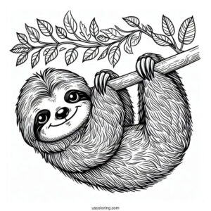 Smiling Sloth Hanging From Tree Branch To Color