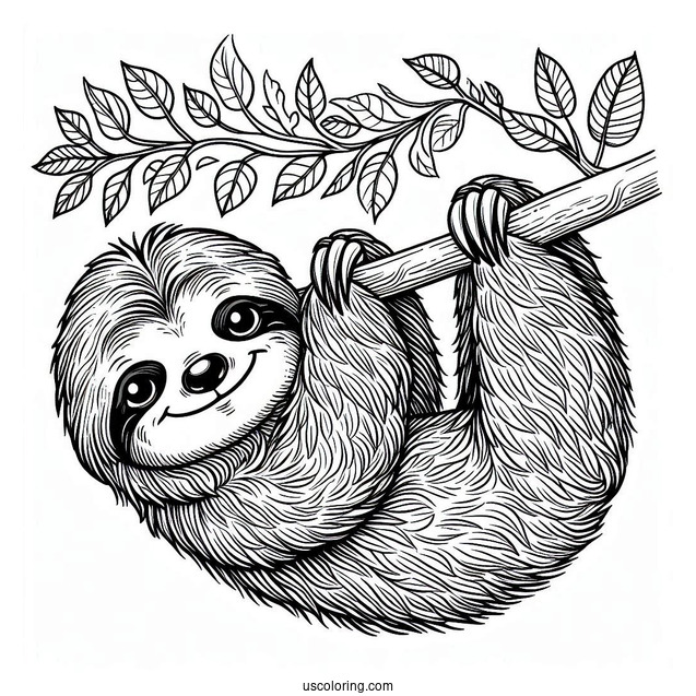Smiling Sloth Hanging From Tree Branch To Color