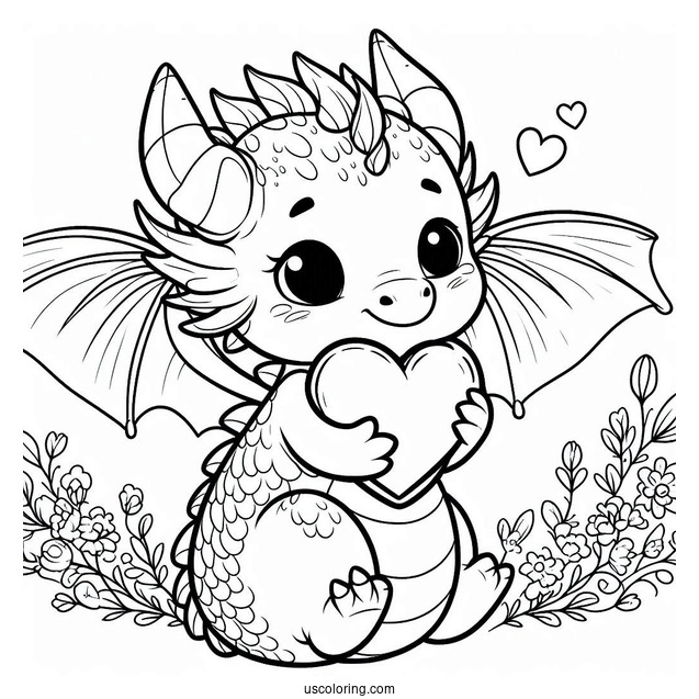 Adorable Little Dragon Hugging A Love Heart Coloring Page For Kids