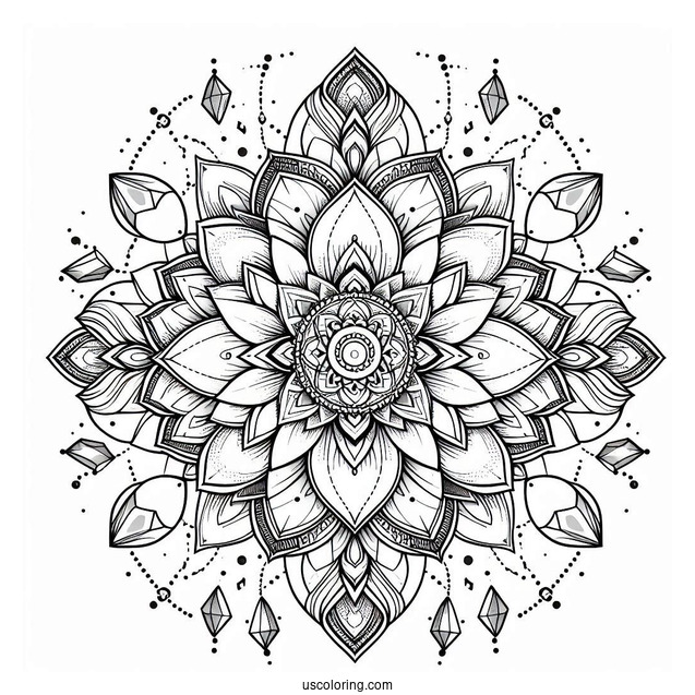 Lotus Flower Mandala Coloring Page With Hanging Crystals