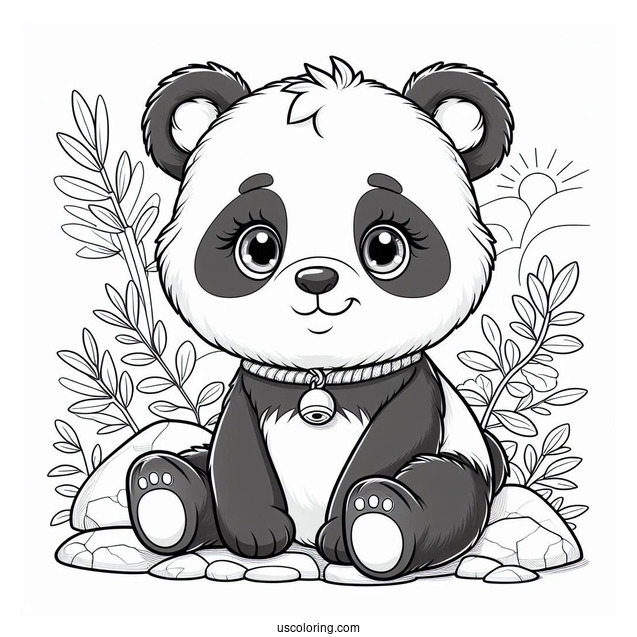 Adorable Panda Coloring Page With Bell Collar Sitting on a Rock For Kids