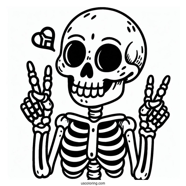 Smiling Skeleton Coloring Page Doing Peace Sign