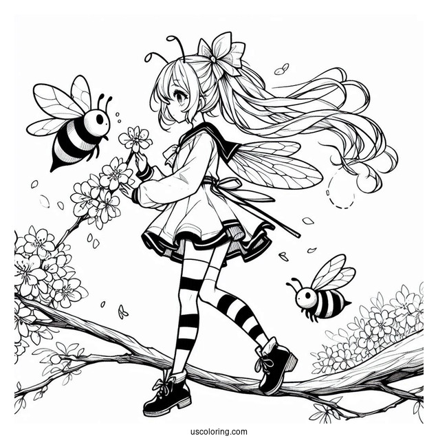 Anime Girl Bee Coloring Page Walking On A Tree Branch