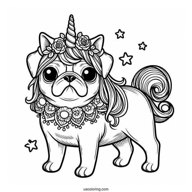 Pug Wearing a Unicorn Horn To Color