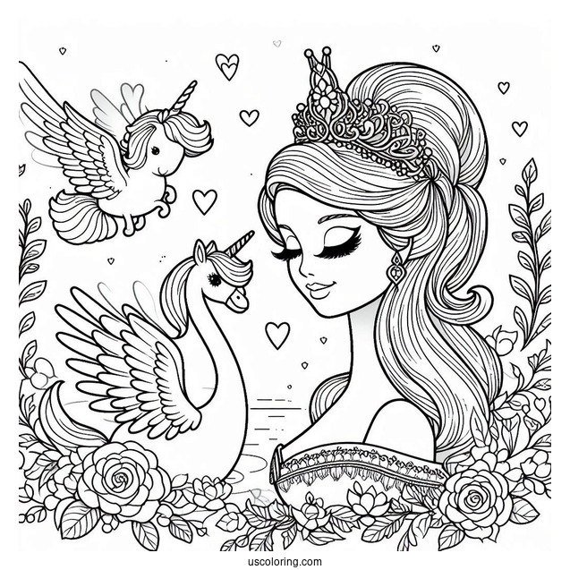 Swan Princess Barbie With Unicorn Coloring Sheet