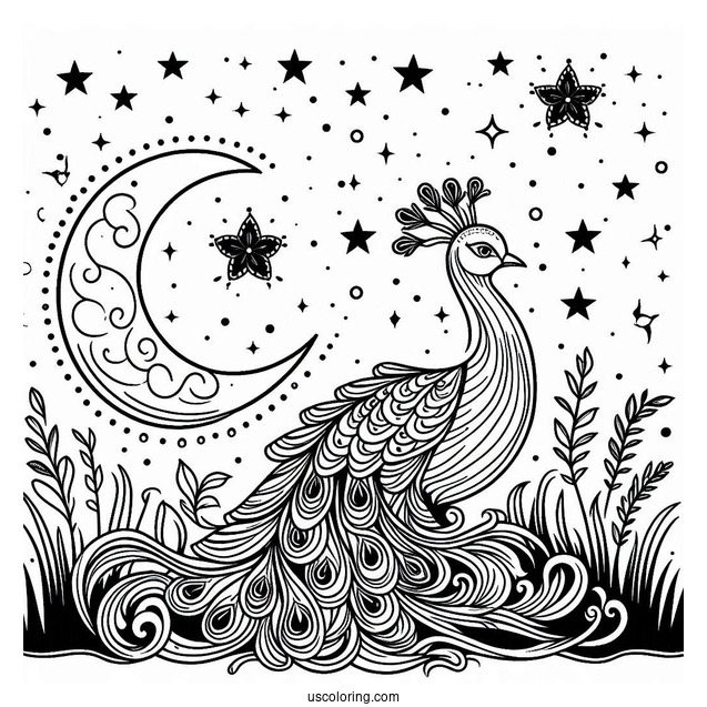 Peacock Coloring Page at Night with Crescent Moon and Stars