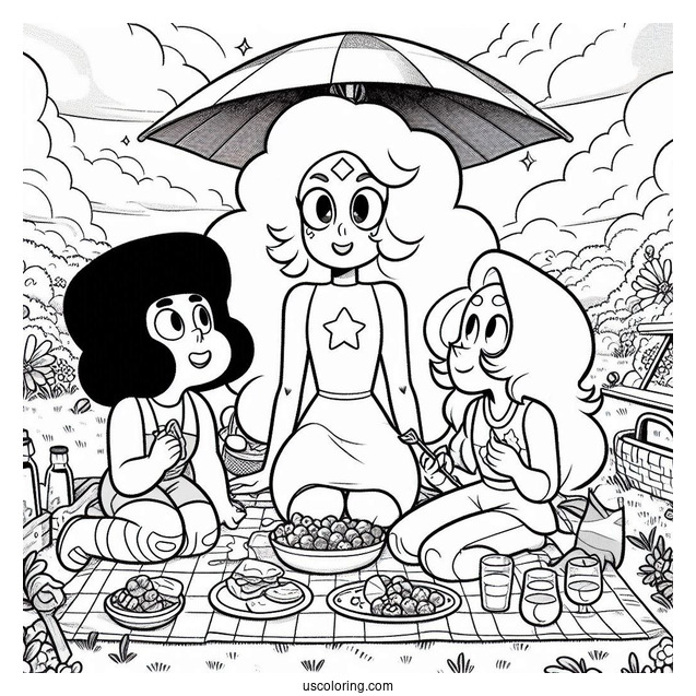 Detailed Steven Universe Coloring Page With Connie, Sardonyx, And Amethyst Having Picnic