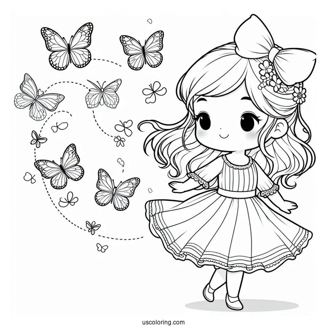 Little Girl Dancing With Butterflies To Color