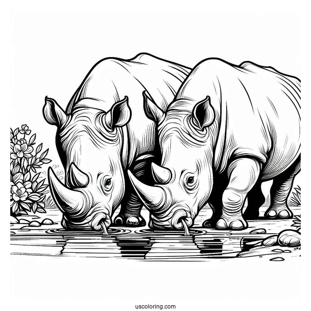 Two Rhinos Drinking Water To Color