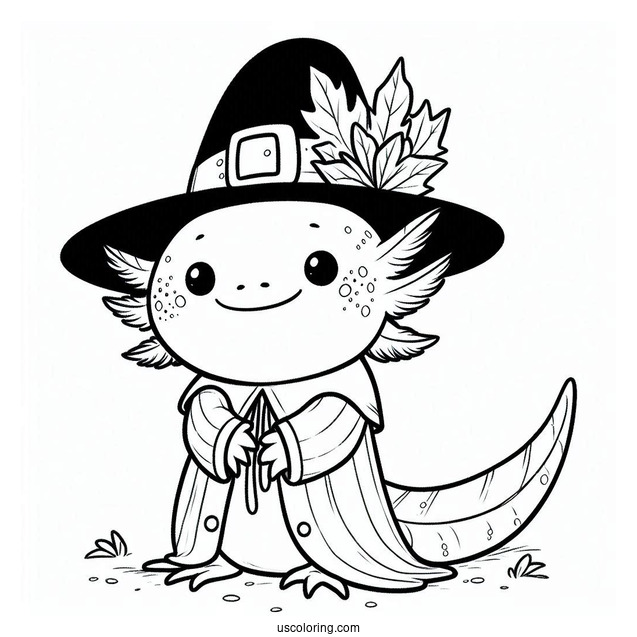Axolotl Coloring Page Dressed As A Pilgrim In Autumn