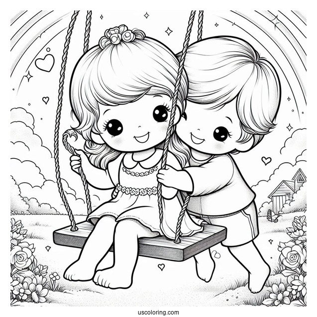 Simple Precious Moments Coloring Page Of Boy Pushing Girl On A Swing
