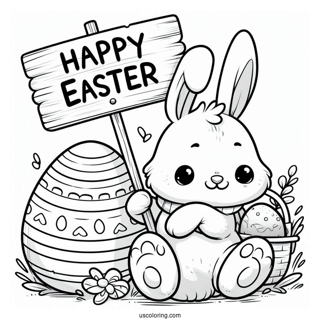 Bunny Holding Happy Easter Coloring Page Of Sign Next To Large Easter Eggs