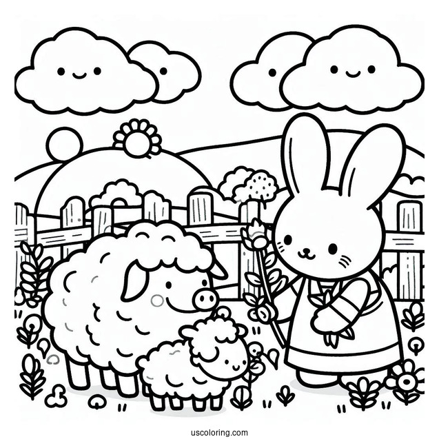 Miffy Coloring Page With Pig And Lamb In A Farm