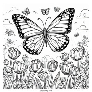 Butterfly Flying Over Field Of Tulips
