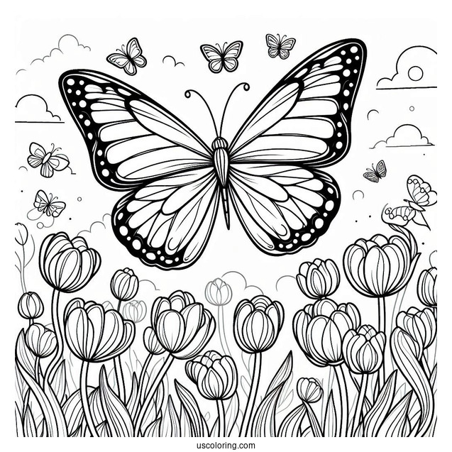 Butterfly Flying Over Field Of Tulips