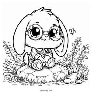 Nerdy Rabbit Coloring Page Sitting On A Rock For Kids