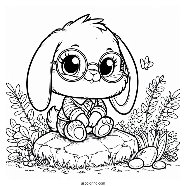Nerdy Rabbit Coloring Page Sitting On A Rock For Kids