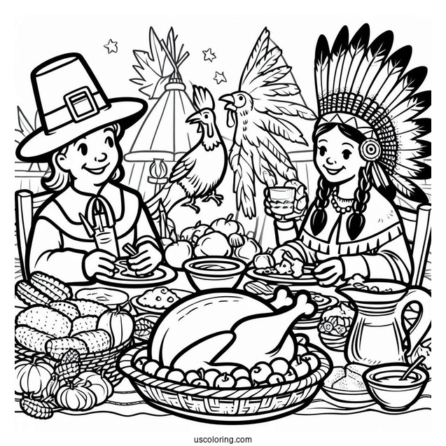 Pilgrim Coloring Page Eating Thanksgiving Feast With Native Americans