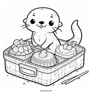 Otter Coloring Page In Bento Box With Cartoon Food