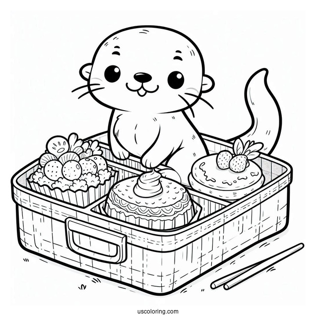 Otter Coloring Page In Bento Box With Cartoon Food