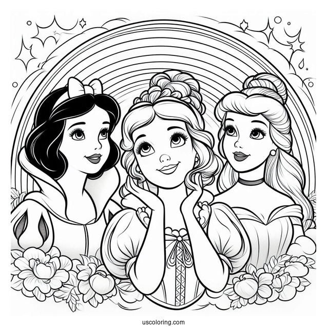 Beautiful Snow White, Cinderella, And Belle In Front Of A Rainbow Coloring Sheet