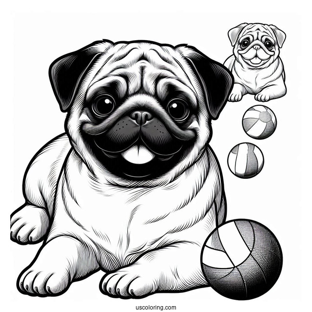 Realistic Looking Pug With Ball To Color